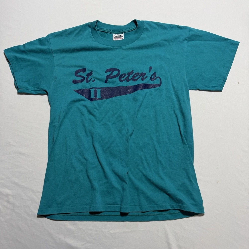 Vintage Oneita St Peters T-Shirt Mens Large Single Stitch Teal Team Tee 90s USA